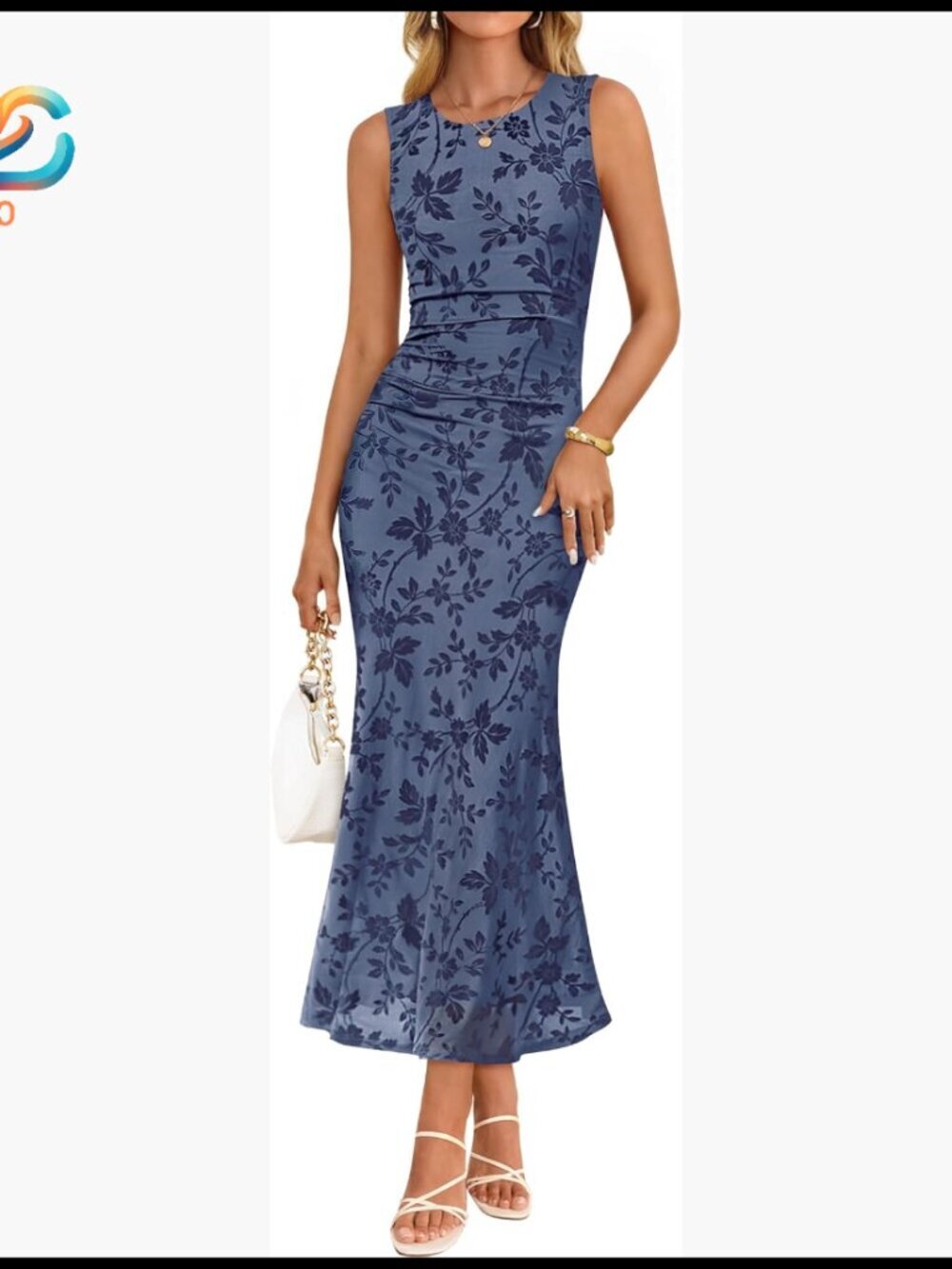 Sleeveless Floral Maxi Dress Ruched Waist Mesh Overlay Wedding Guest Cocktail